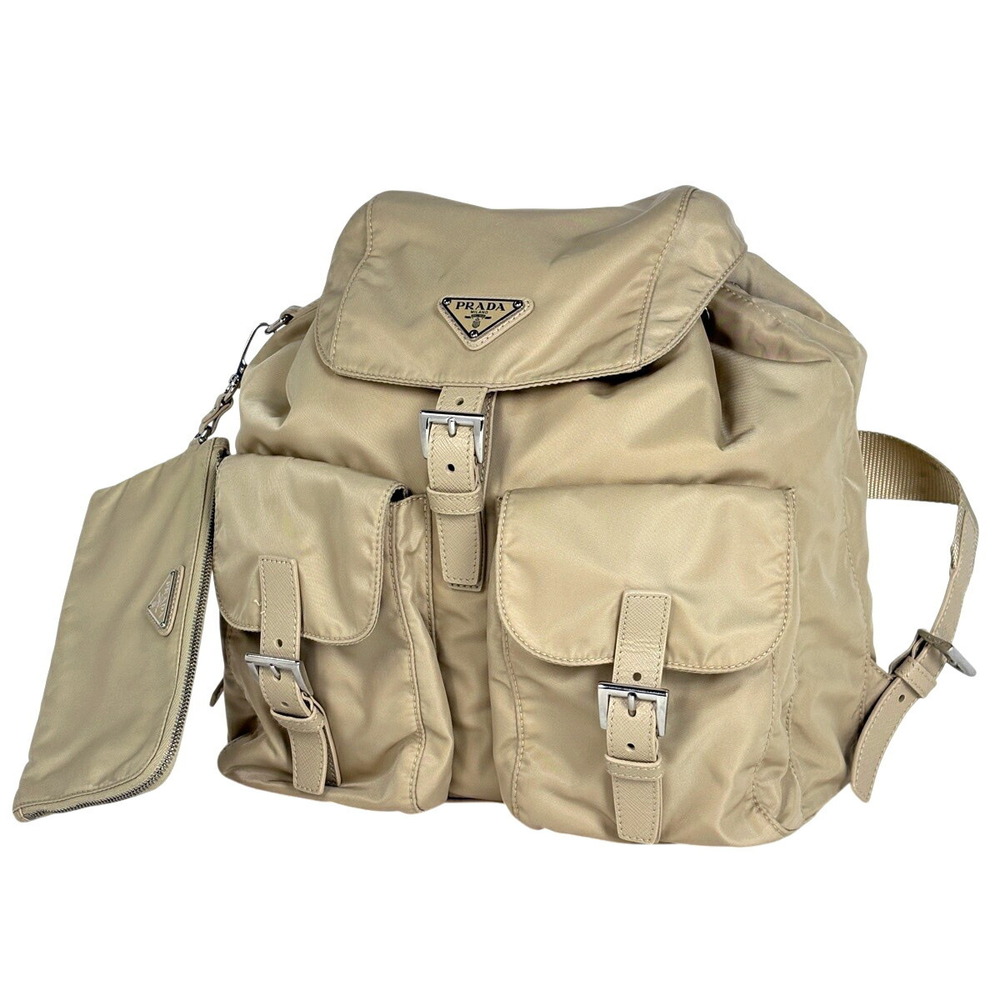 Prada Logo Plate Backpack Rucksack Daypack Beige